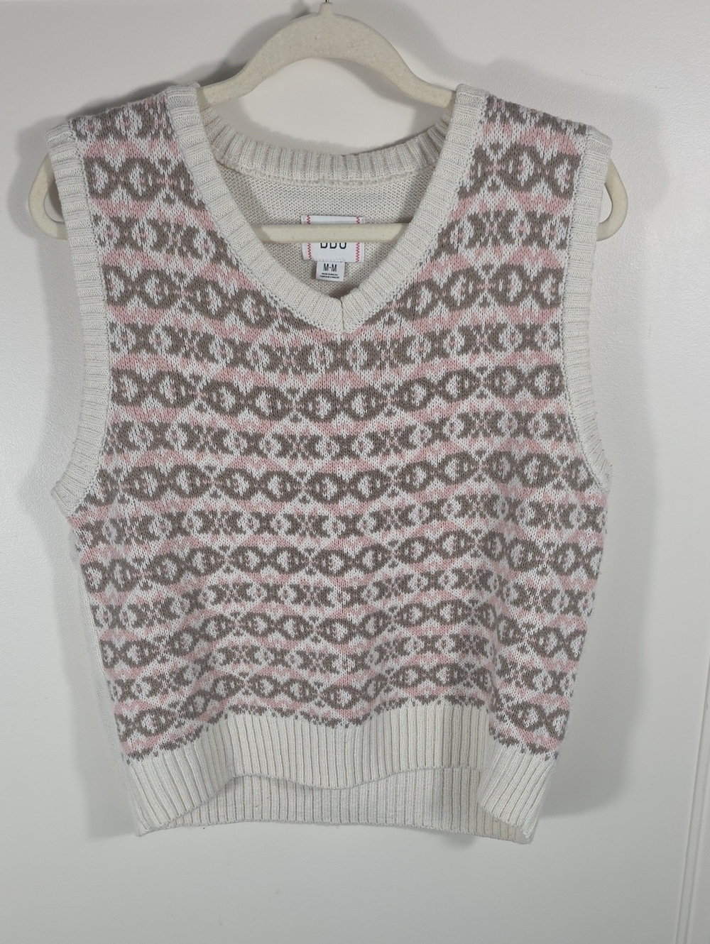 BDG Fair Isle V-Neck Sweater Vest in Cream, Pink & Gray